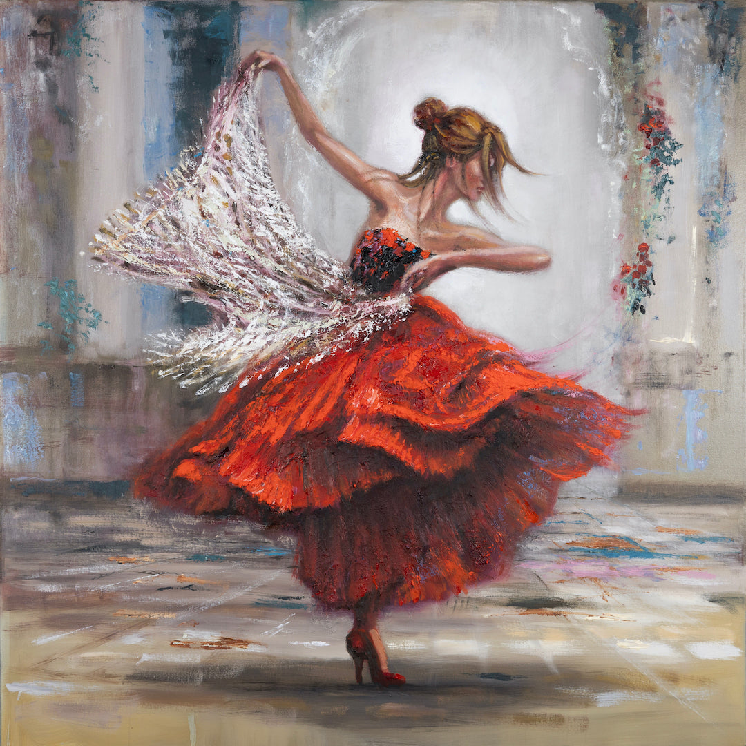 Limited fine art painting of a female dancer in a rich red layered dress, captured mid-twirl with detailed textured. - Soul Flow/AP/#659 - Artist Proofs, Dancers AP, Figurative AP, Rolled Canvas