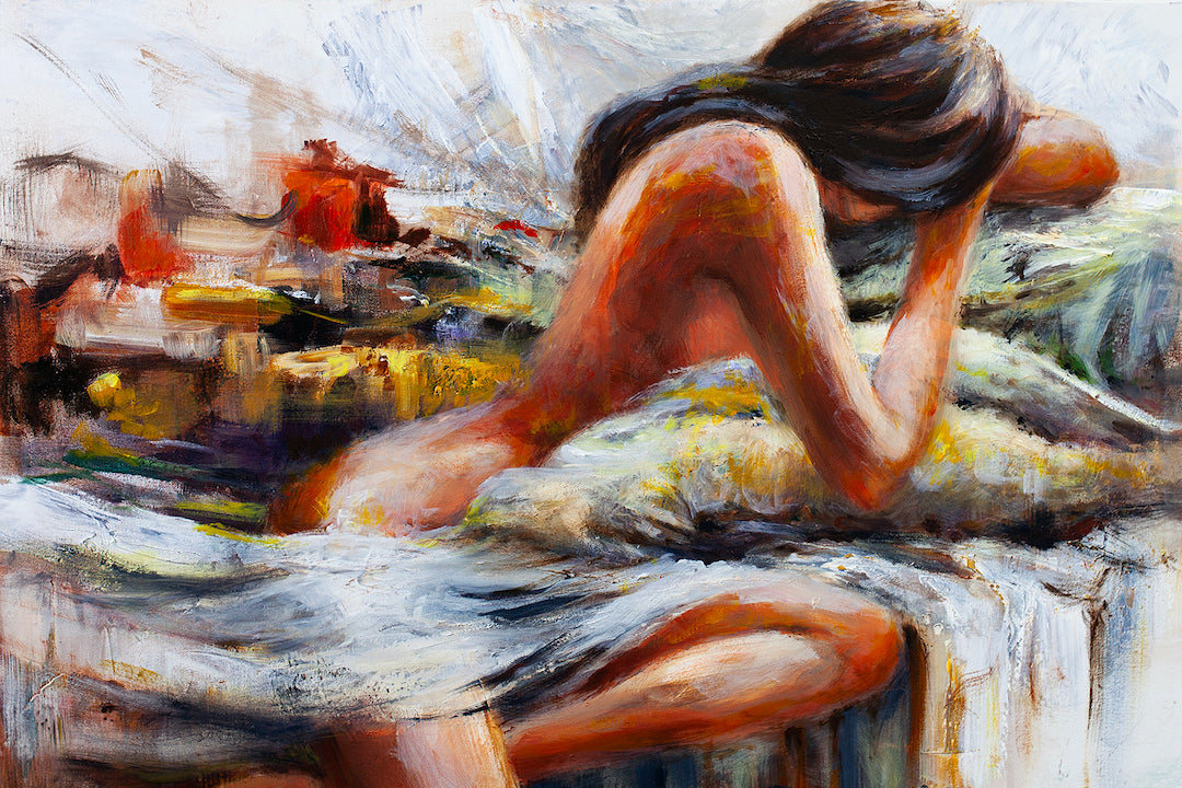 Rich, gallery-level fine art painting of a reclining female figure with expressive brushstrokes and warm earth tones on. - Lost in a Moment/AP/#65 - Artist Proofs, Figurative AP, Rolled Canvas