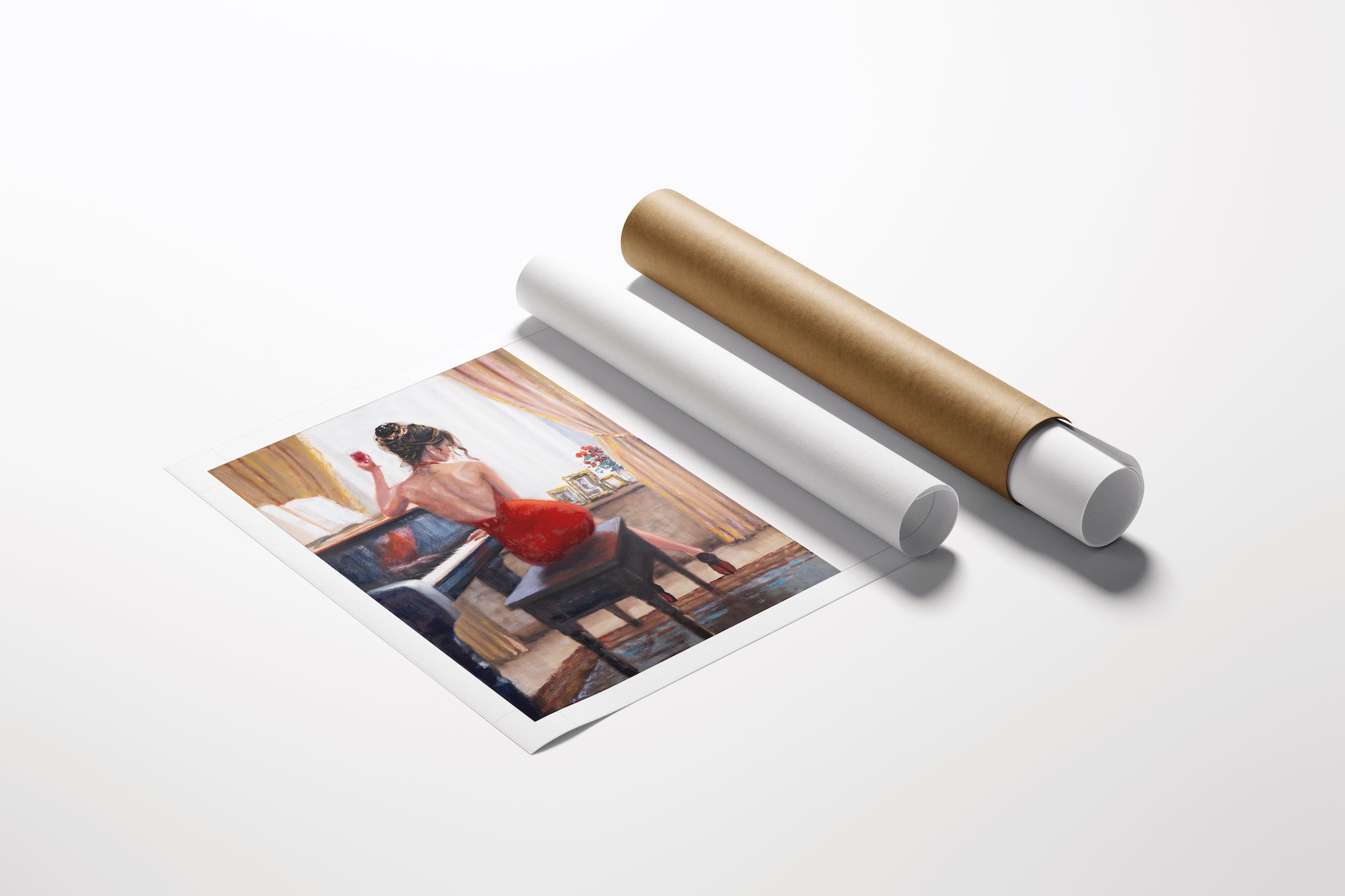 Limited fine art print of a woman playing piano in a red dress, detailed craftsmanship on rolled canvas and paper tubes,. - Reflections/AP/#660 - Artist Proofs, Figurative AP, Rolled Canvas, Women & Piano AP