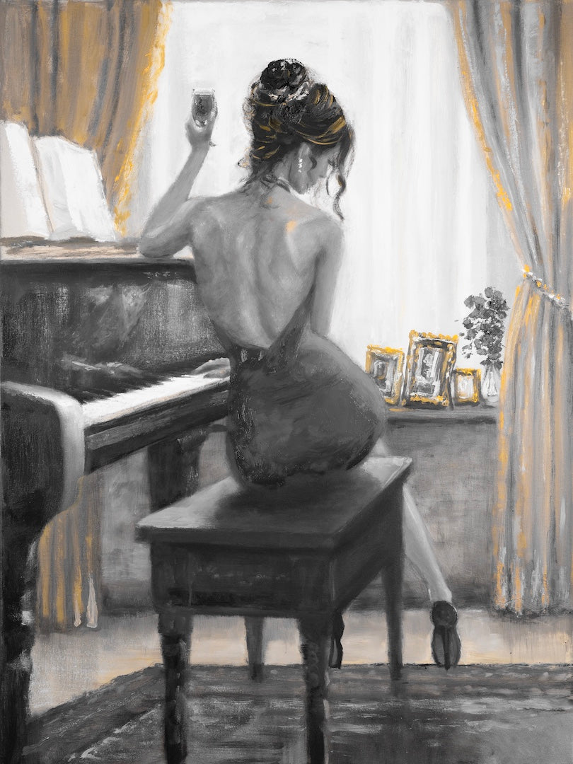 Fine art canvas depicting a woman in a black dress seated at a piano, rich tones of gray and orange accents, gallery-quality . - Reflections/#660/C - Color, Figurative, Oranges, Prints, Subject Matter, Women & Piano