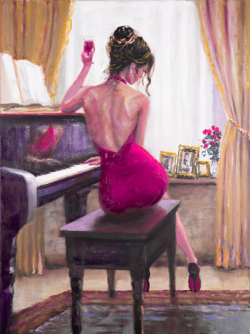 Fine art canvas showing a woman in a rich purple dress seated at a piano, holding a glass of wine, with warm oranges and. - Reflections/#660/B - Color, Figurative, Oranges, Prints, Purples, Subject Matter, Women & Piano