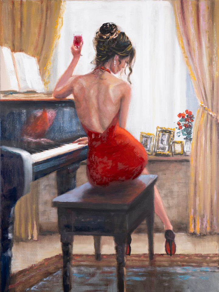 Limited fine art canvas showing a woman in a red dress seated at a black piano, rich warm tones, delicate craftsmanship,. - Reflections/#660 - Figurative LE, Limited Editions, Rolled Canvas, Women & Piano LE