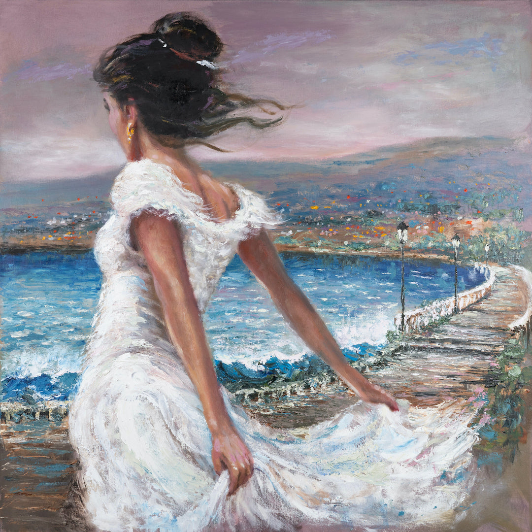 Gallery-level fine art painting of a young woman in a flowing white dress by the water, textured brushwork, rich coastal. - Island Girl/AP/#661 - Artist Proofs, Dancers AP, Figurative AP, Landscape AP, Rolled Canvas, Water Scenes AP