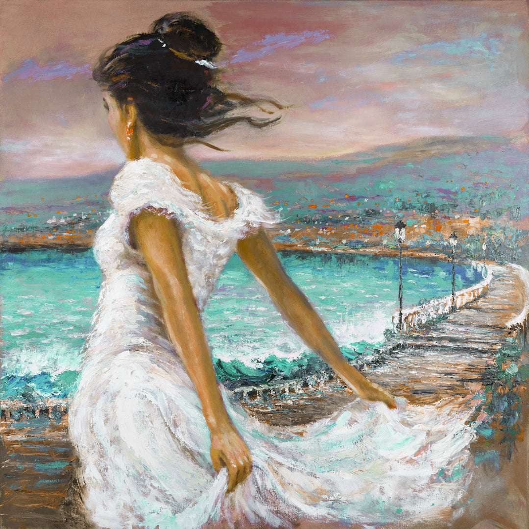Gallery-level fine art print showing a woman in a flowing white dress standing near a turquoise sea with a winding pier,. - Island Girl/#661/B - Color, Dancers, Figurative, Greens, Oranges, Prints, Subject Matter, Water Scenes