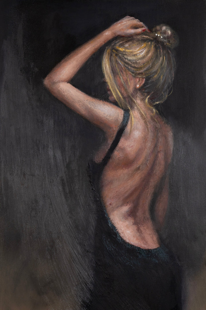 Gallery-level fine art of a blonde woman with exposed back, rich dark tones, exquisite craftsmanship, and textured canvas. - Blonde Elegance/AP/#662 - Artist Proofs, Figurative AP, Rolled Canvas