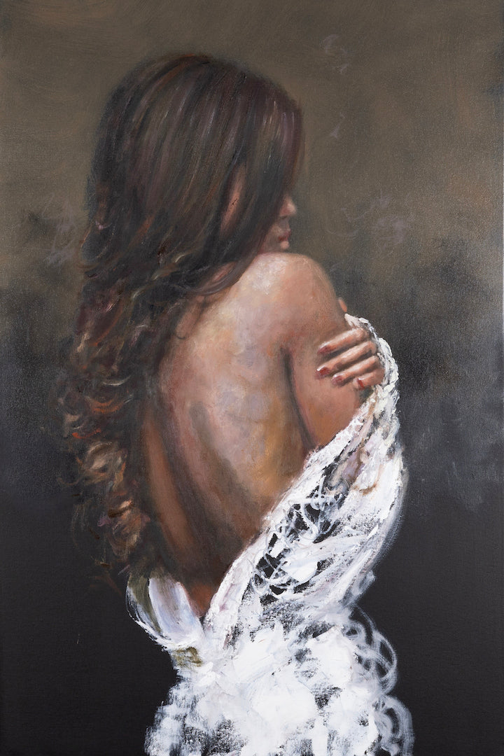Rich fine art canvas portraying a limited gallery-level figurative nude woman with cascading brown hair, draped in delicate. - White Embrace/AP/#663 - Artist Proofs, Figurative AP, Rolled Canvas