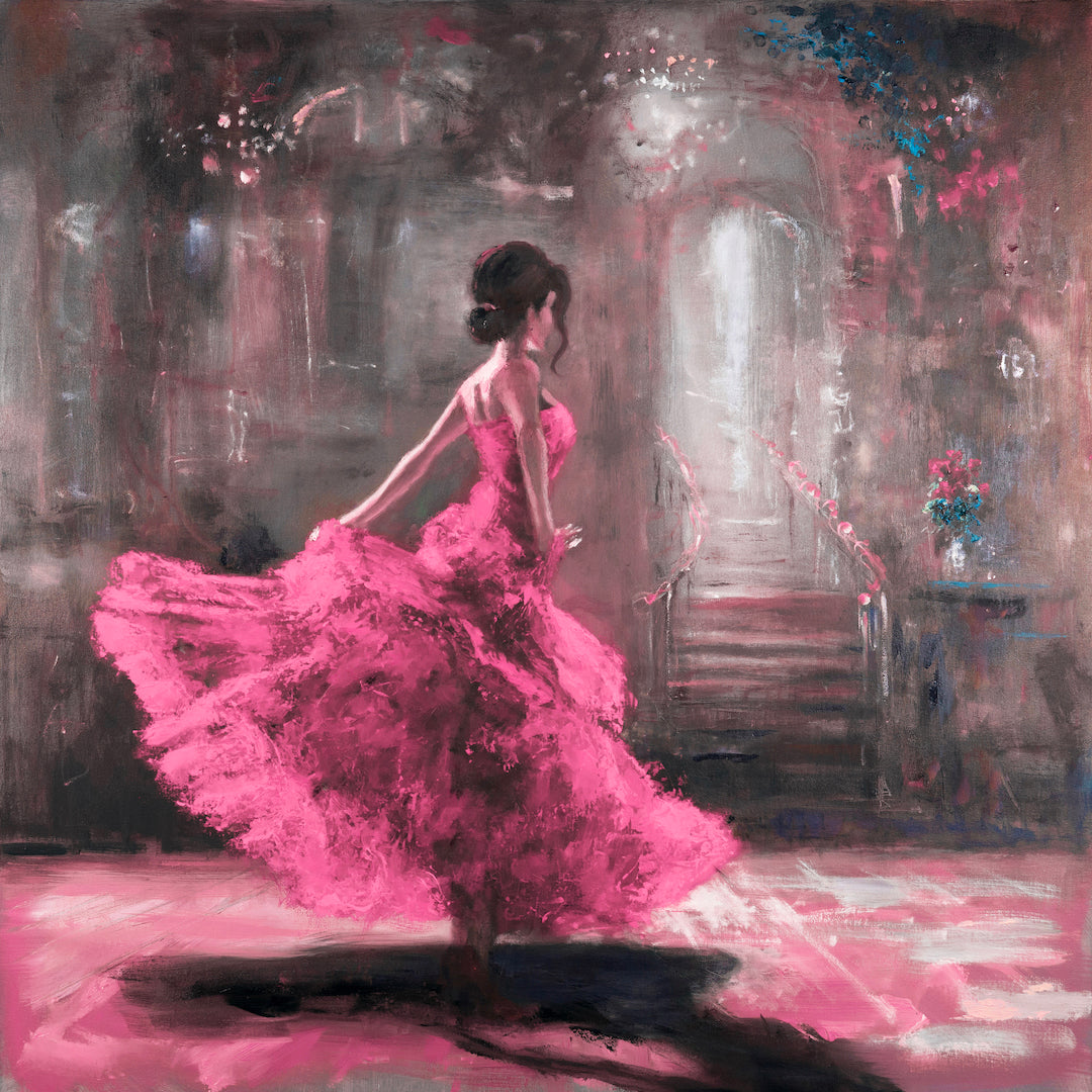 Gallery-level fine art print depicting a lone dancer in a vibrant pink dress, swirling richly textured fabric against a. - Spotlight/#664/A - Color, Dancers, Figurative, Prints, Purples, Subject Matter