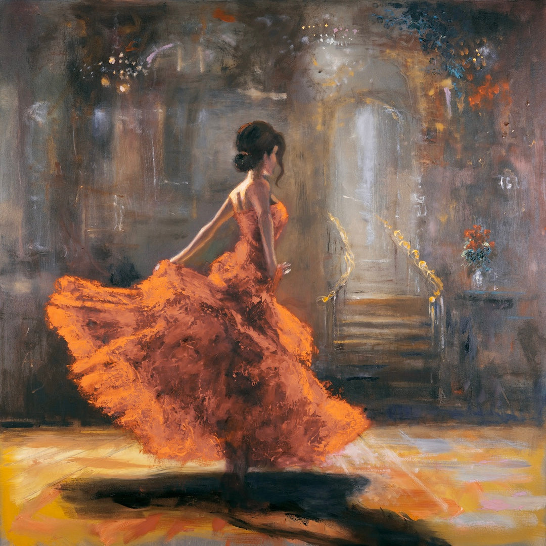 Limited fine art print of a gallery-level figurative dancer in a rich orange dress, showcasing expert craftsmanship and. - Spotlight/#664/B - Color, Dancers, Figurative, Oranges, Prints, Subject Matter