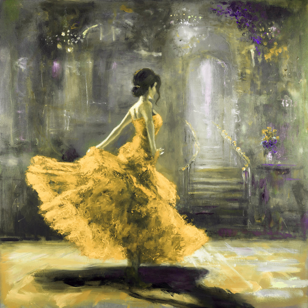 Fine art canvas print of a dancer in a flowing yellow dress spinning gracefully, set against a rich, moody green and gray. - Spotlight/#664/C - Color, Dancers, Figurative, Greens, Prints, Subject Matter, Yellows