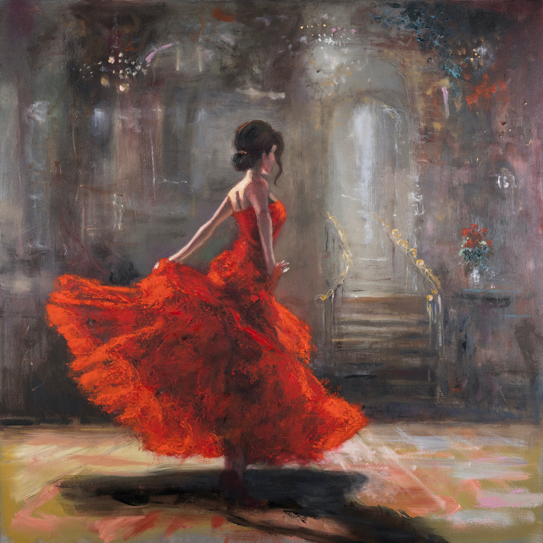 Rich fine art canvas of a dancer in a flowing red dress, captured in elegant movement against a softly lit, gallery-level. - Spotlight/AP/#664 - Artist Proofs, Dancers AP, Figurative AP, Rolled Canvas