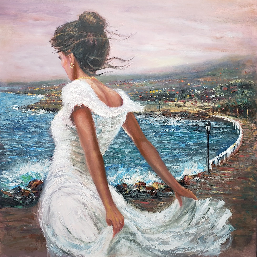 Gallery-level fine art canvas of a woman in a flowing white dress by the ocean, soft pastel sky, textured brushwork. - Island Breeze/AP/#665 - Artist Proofs, Dancers AP, Figurative AP, Landscape AP, Rolled Canvas, Water Scenes AP