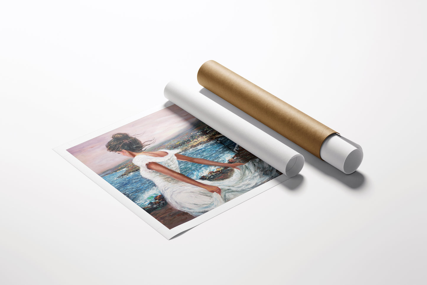 Rolled fine art canvas featuring a rich, gallery-level painting of a dancer by the water with soft pastel sky and detailed. - Island Breeze/AP/#665 - Artist Proofs, Dancers AP, Figurative AP, Landscape AP, Rolled Canvas, Water Scenes AP