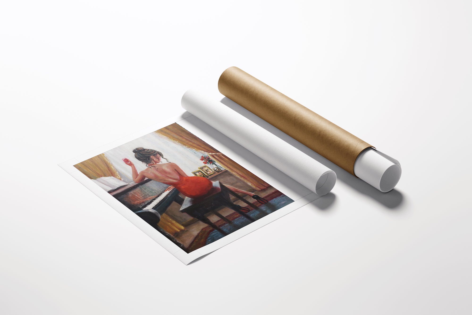 Rolled canvas fine art print with rich red and brown tones depicting a woman playing piano, showcasing gallery-level. - Reflections in Red/AP/#666 - Artist Proofs, Figurative AP, Rolled Canvas, Women & Piano AP