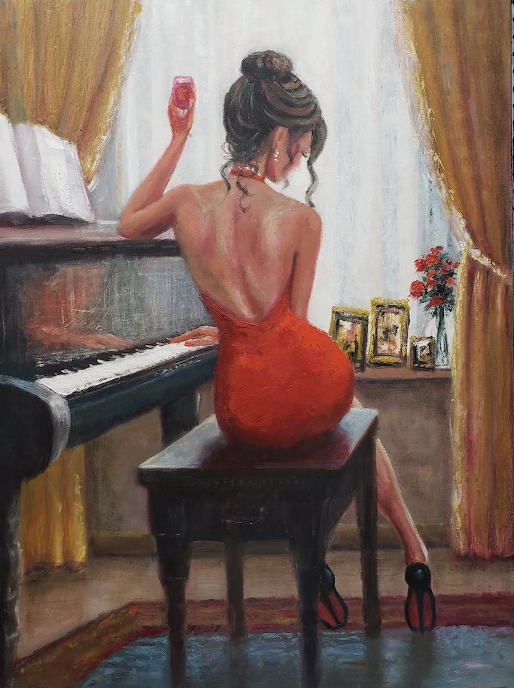 Fine art painting of a woman in a red dress seated at a piano, back exposed, rich tones, gallery level craftsmanship. - Reflections in Red/AP/#666 - Artist Proofs, Figurative AP, Rolled Canvas, Women & Piano AP