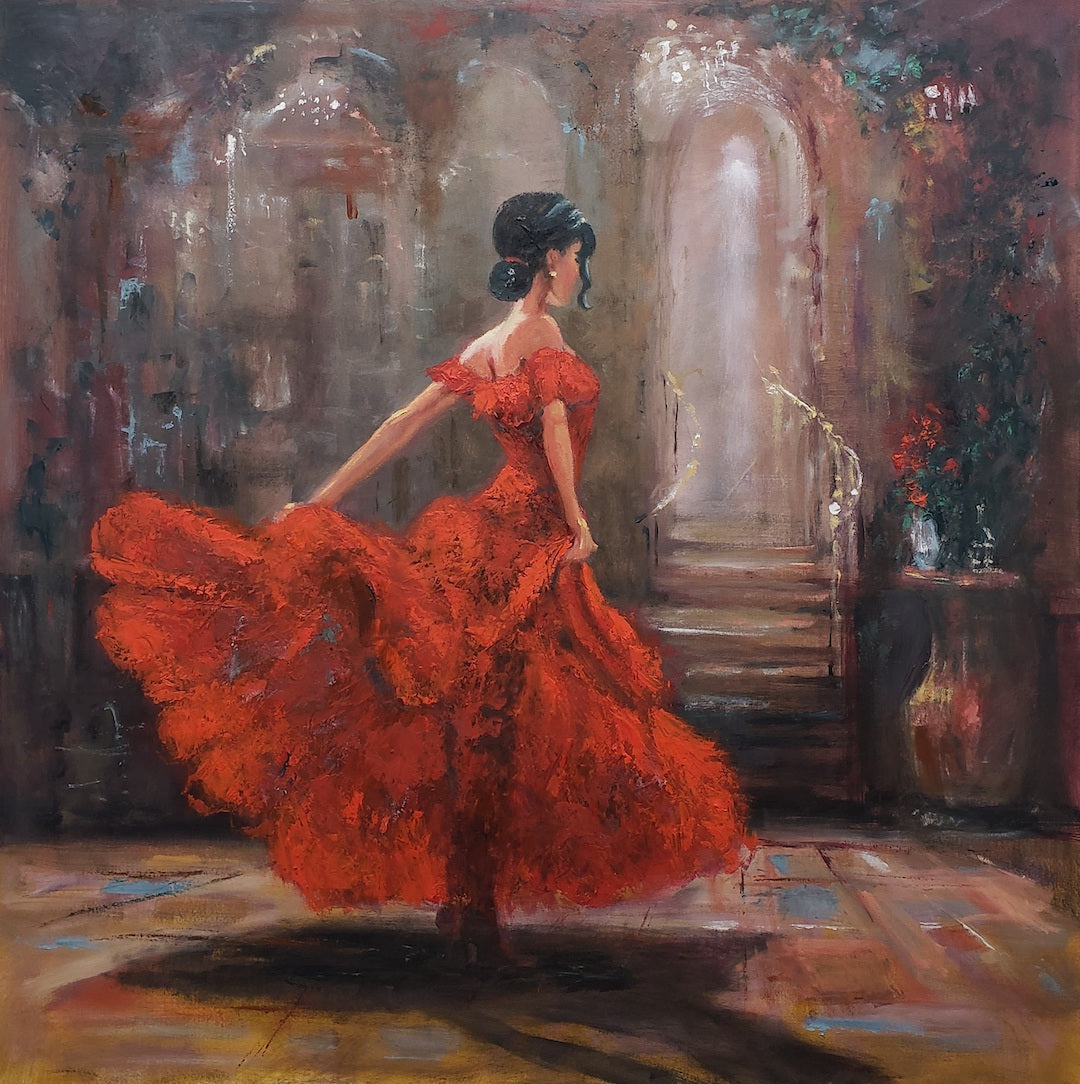 Richly textured fine art canvas depicting a graceful dancer in a vibrant red flowing dress against a dark, atmospheric. - Spotlight in Red/AP/#667 - Artist Proofs, Dancers AP, Figurative AP, Rolled Canvas