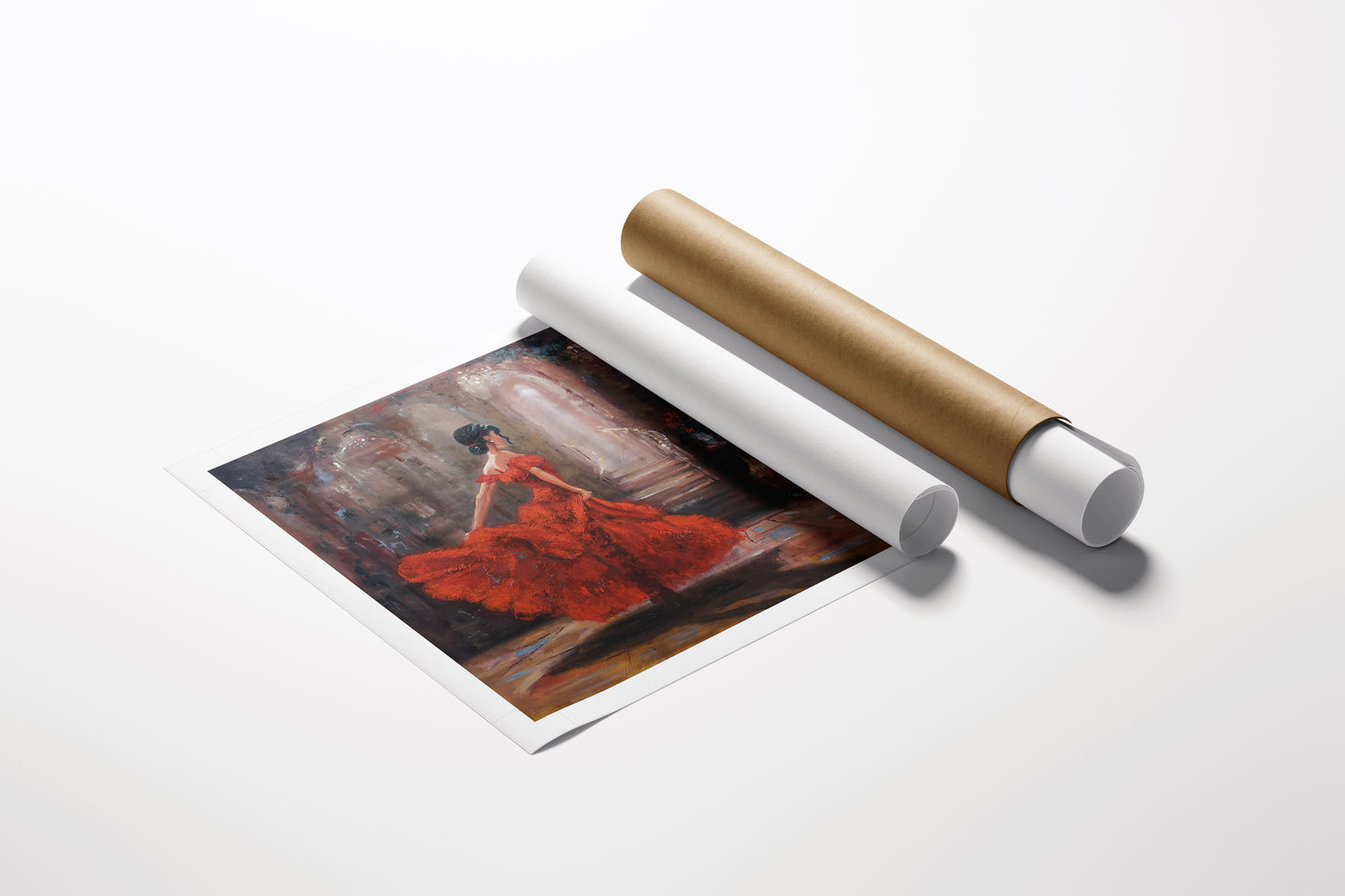Limited edition fine art canvas print titled Spotlight in Red featuring a dynamic dancer in vibrant red dress, rich textured . - Spotlight in Red/AP/#667 - Artist Proofs, Dancers AP, Figurative AP, Rolled Canvas