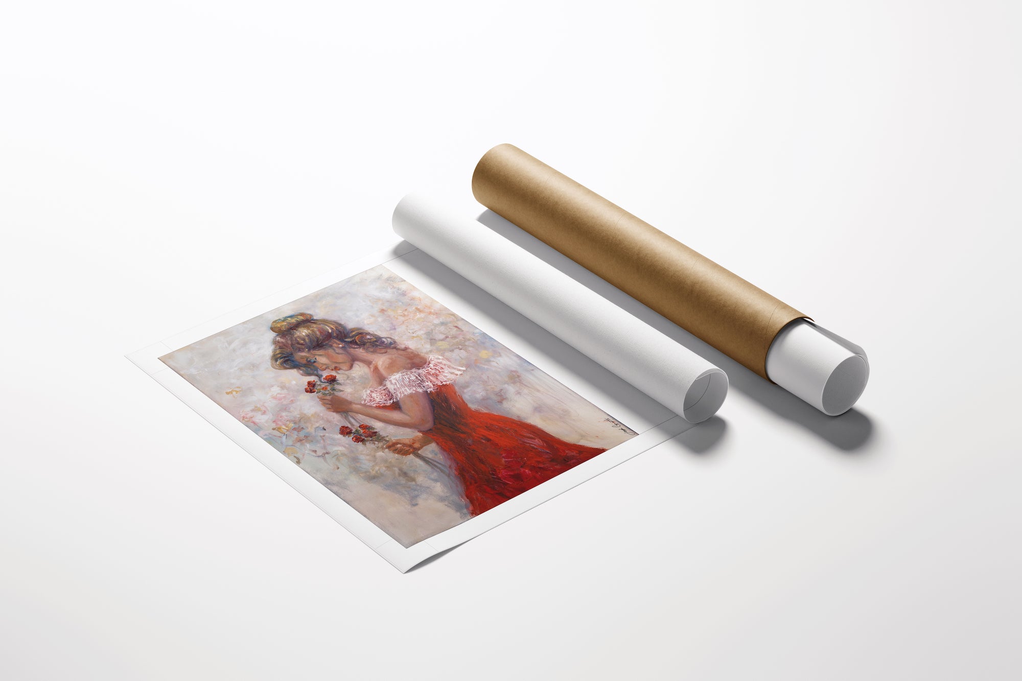 Limited fine art rolled canvas featuring a rich, gallery-level figurative painting of a woman in a flowing red dress with. - Lady in Red/AP/#668 - Artist Proofs, Figurative AP, Floral AP, Rolled Canvas