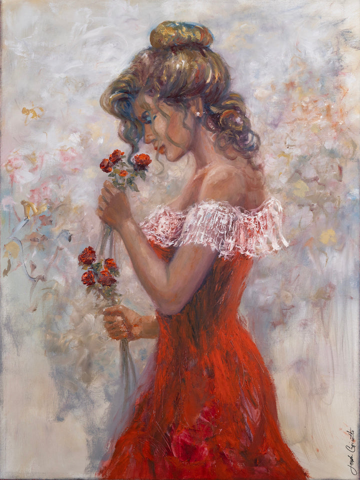 Gallery-level fine art painting of a woman in a rich red dress holding red flowers, detailed craftsmanship on textured canvas. - Lady in Red/AP/#668 - Artist Proofs, Figurative AP, Floral AP, Rolled Canvas