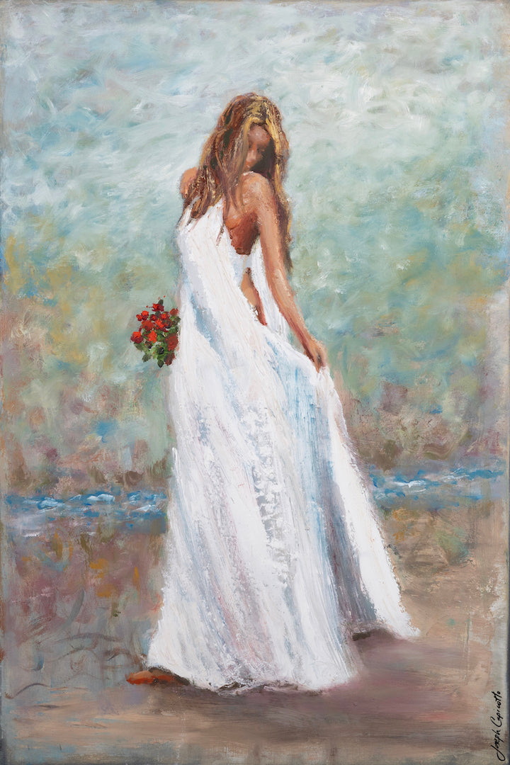Gallery-level fine art figurative painting of a woman in a flowing white dress holding red flowers, rich textured. - Nature's Beauty/AP/#669 - Artist Proofs, Figurative AP, Rolled Canvas