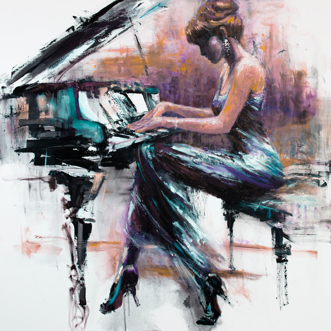 Richly textured fine art painting of a woman in a flowing teal dress playing a grand piano, with warm orange and blue hues. - Piano Classic/#66/A - Blues, Color, Figurative, Oranges, Prints, Subject Matter, Women & Piano
