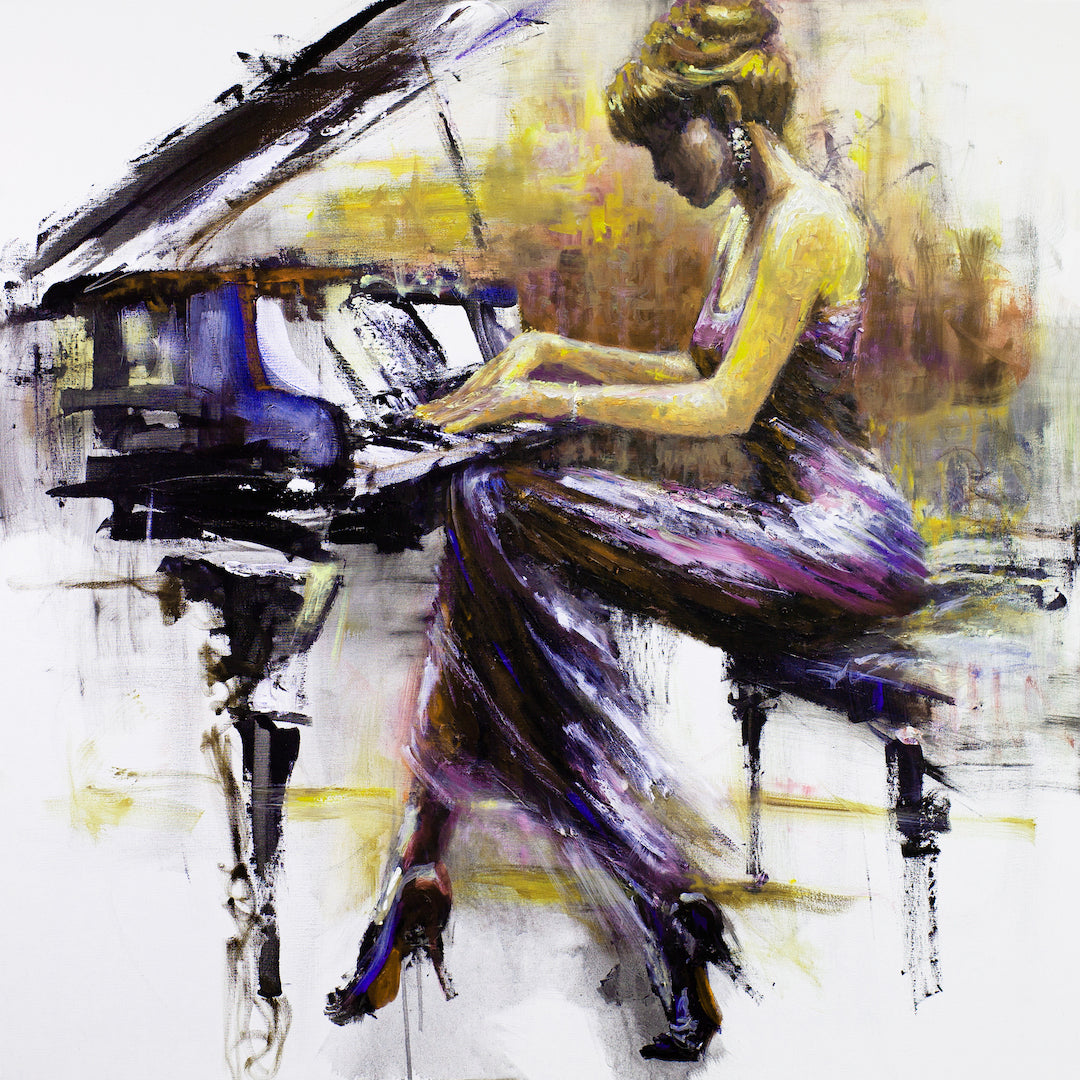 Rich fine art painting of a woman in a purple dress seated at a piano, showcasing skilled craftsmanship and gallery-level. - Piano Classic/#66/B - Color, Figurative, Prints, Purples, Subject Matter, Women & Piano, Yellows