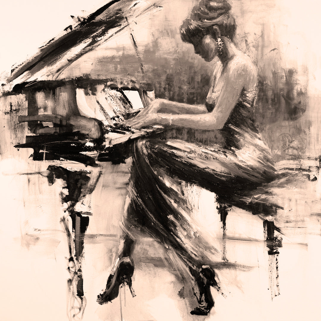 Sepia-toned fine art print of a woman in an elegant gown playing piano, rich brushwork highlighting graceful posture and. - Piano Classic/#66/E - Color, Figurative, Prints, Sepia, Subject Matter, Women & Piano