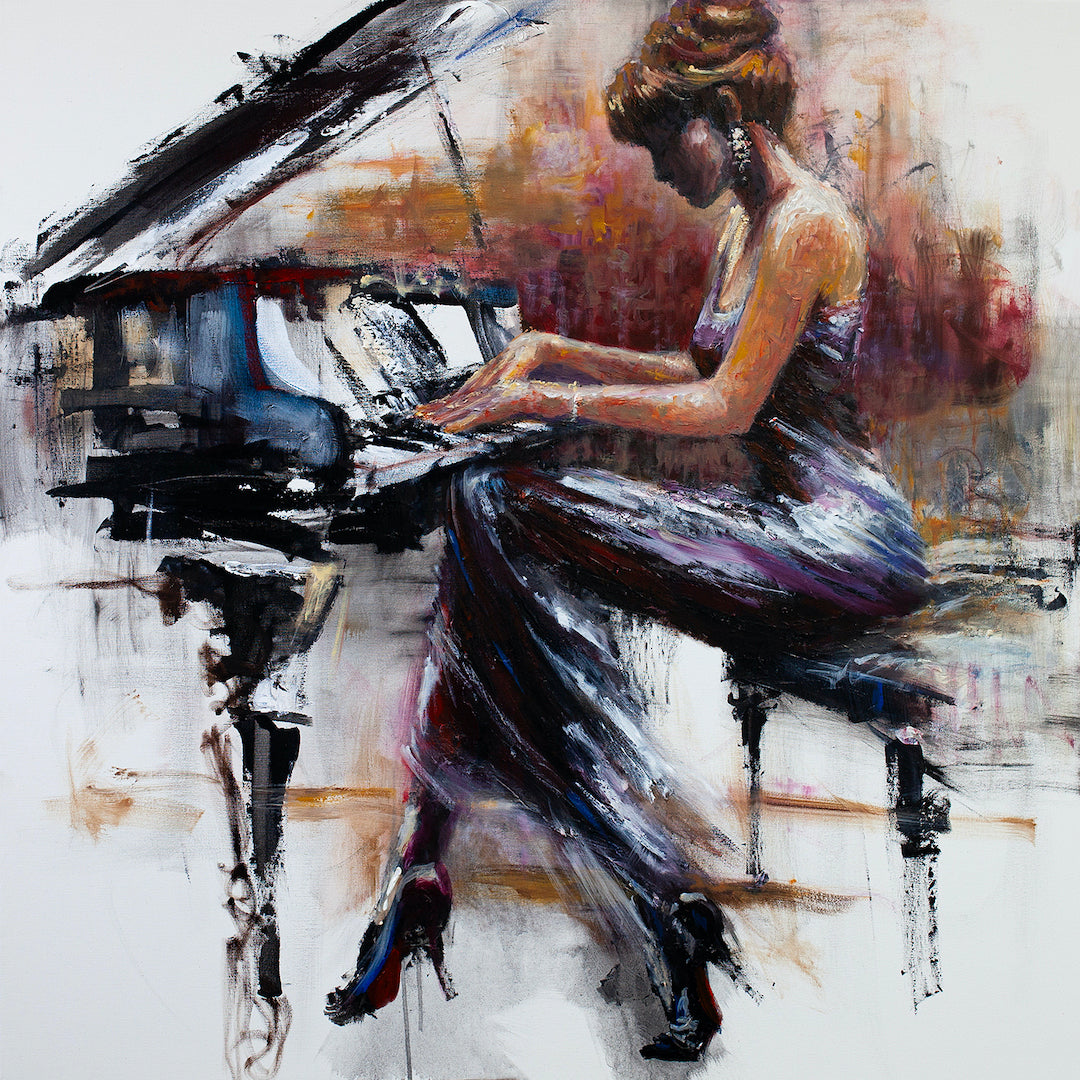 Rich, gallery-level fine art of a woman in a flowing dress playing a grand piano, crafted with expressive brushstrokes on. - Piano Classic/AP/#66 - Artist Proofs, Figurative AP, Rolled Canvas, Women & Piano AP