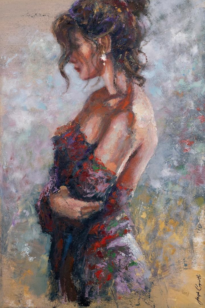 Profile of a woman with dark curly hair in a loose updo, wearing a textured rich burgundy garment, painted with expressive. - Embraced in Color/AP/#670 - Artist Proofs, Figurative AP, Rolled Canvas