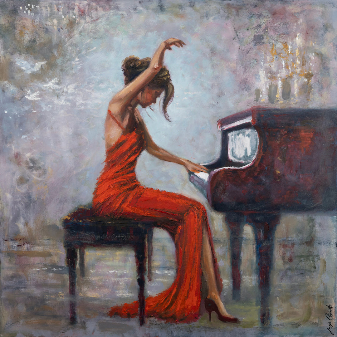 Fine art oil painting of a woman in a flowing red dress seated at a grand piano, rich textured brushstrokes, gallery-level. - Crescendo in Flight/AP/#671 - Artist Proofs, Figurative AP, Rolled Canvas, Women & Piano AP