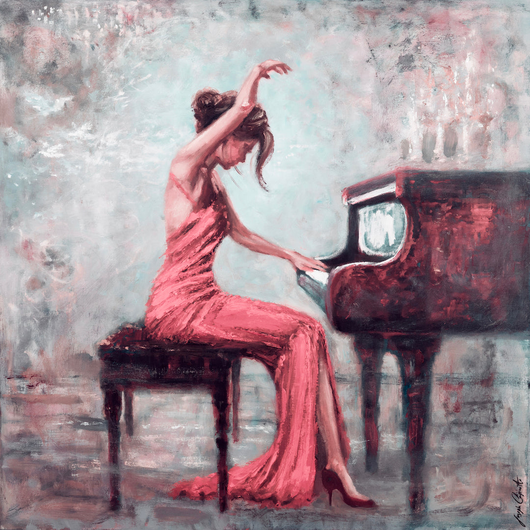 Richly textured fine art canvas showing a woman in a flowing red dress seated at a grand piano, expressive figurative style. - Crescendo in Flight/#671/B - Color, Figurative, Prints, Reds, Subject Matter, Women & Piano
