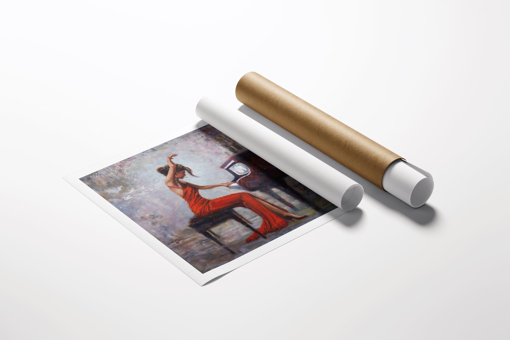 Limited fine art rolled canvas featuring rich, detailed figurative painting of a woman in a red dress playing piano with. - Crescendo in Flight/AP/#671 - Artist Proofs, Figurative AP, Rolled Canvas, Women & Piano AP