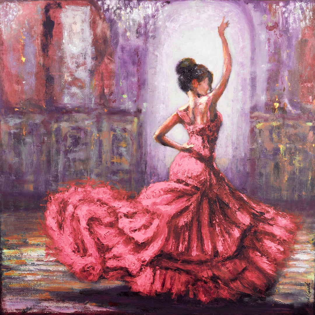 Rich fine art painting of a ballroom dancer in a flowing red dress, vibrant brushstrokes, gallery-level craftsmanship,. - Ballroom Bling/#672/A - Color, Dancers, Figurative, Prints, Reds, Subject Matter