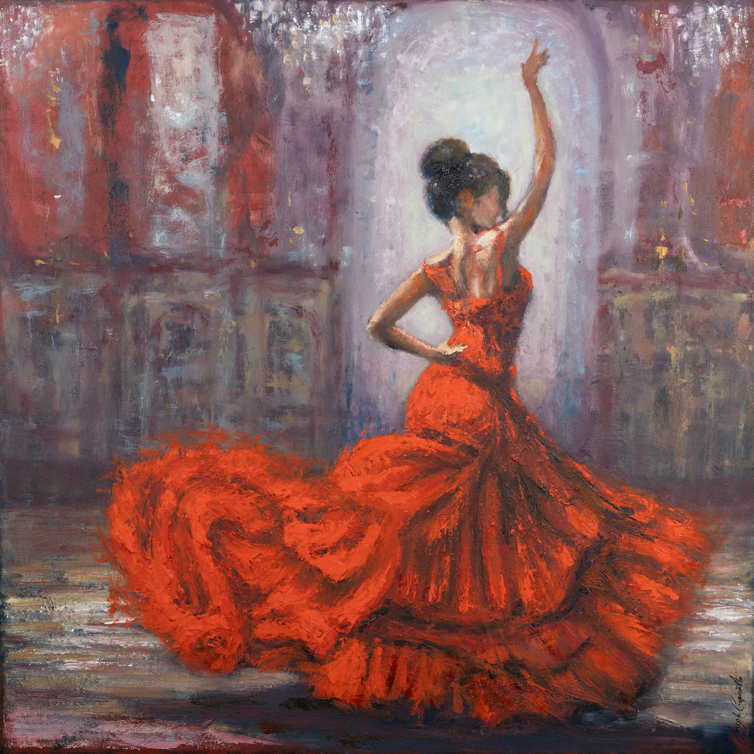 Fine art painting of a dancer in a rich red flowing dress, captured mid-pose against a textured, gallery-level backdrop with . - Ballroom Bling/AP/#672 - Artist Proofs, Dancers AP, Figurative AP, Rolled Canvas