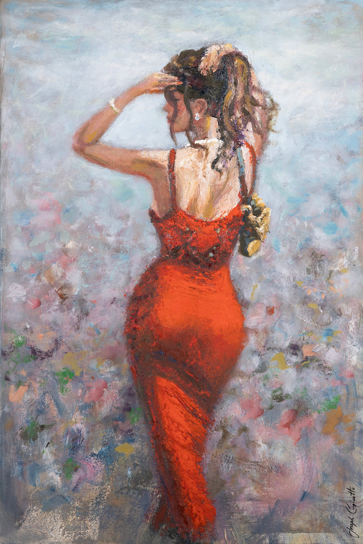 Profile of a woman in a rich red dress tying her hair, rendered with gallery-level craftsmanship on canvas with soft, muted. - Red Scarlett/AP/#673 - Artist Proofs, Figurative AP, Rolled Canvas