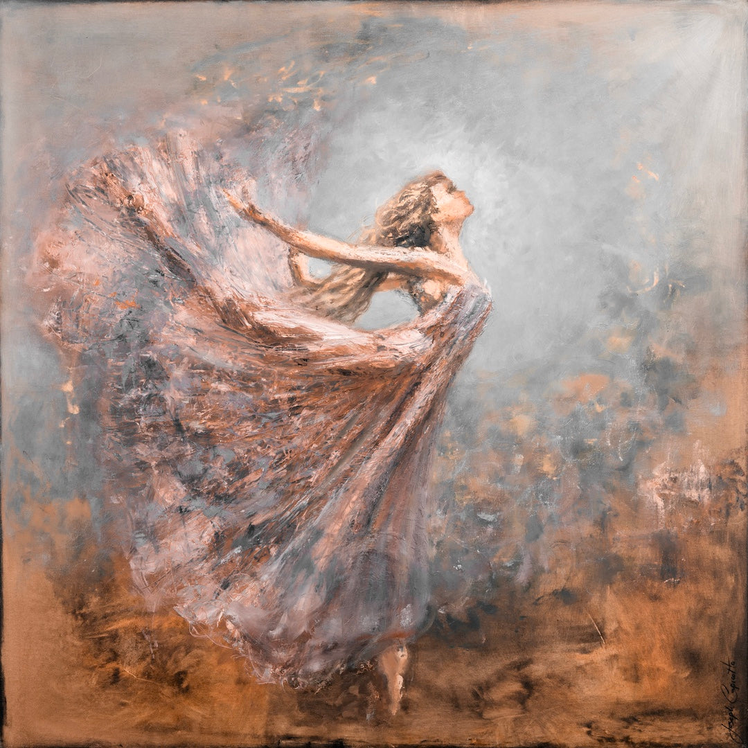 Limited fine art canvas print showcasing a graceful dancer in flowing orange and peach tones, rich texture and gallery-level . - Lightness of Being/#674/B - Color, Dancers, Figurative, Oranges, Prints, Subject Matter