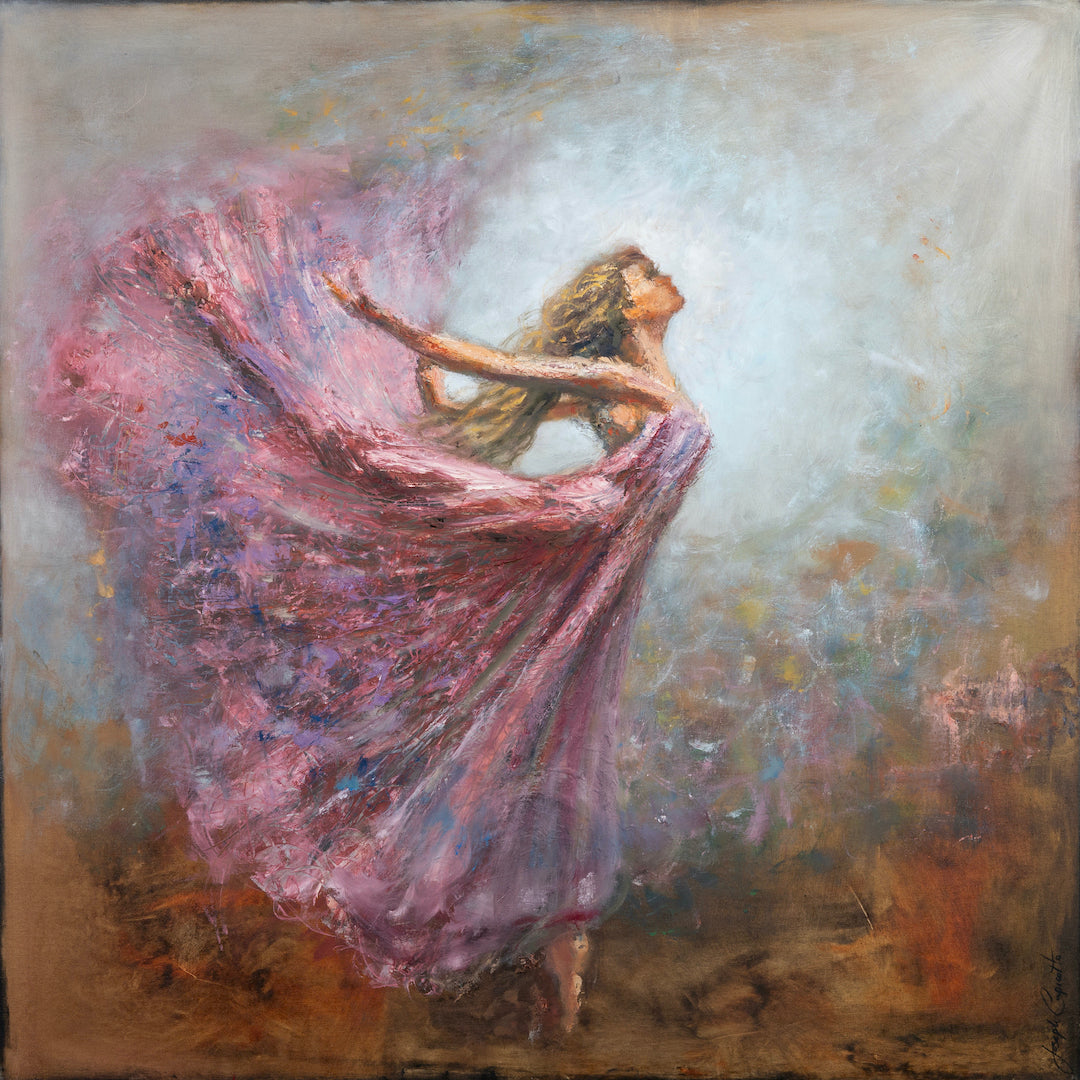 Gallery-level fine art showing a dancer in motion, rich purples and pinks swirl in her flowing dress, capturing dynamic. - Lightness of Being/AP/#674 - Artist Proofs, Dancers AP, Figurative AP, Rolled Canvas