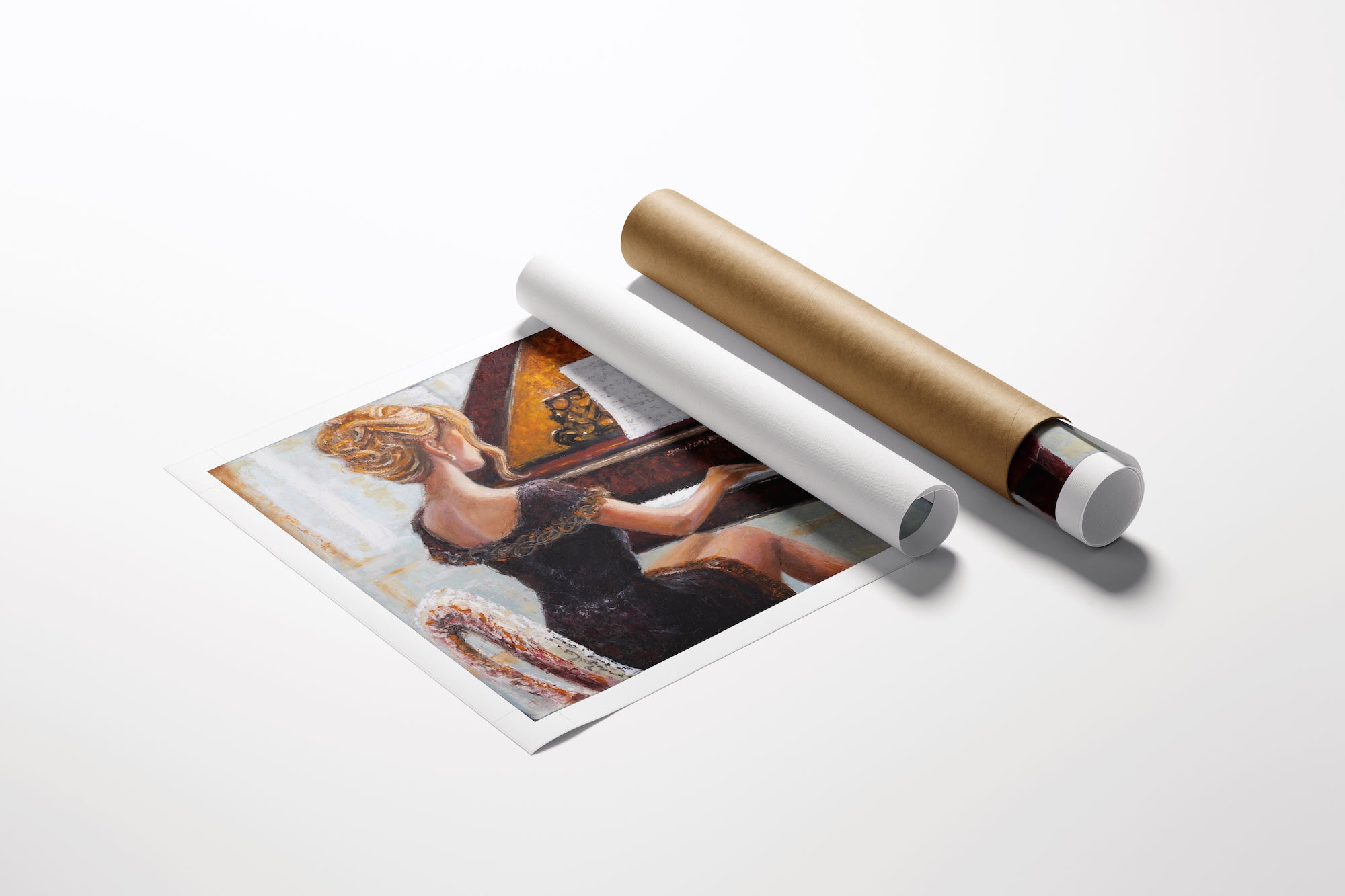 Rolled fine art canvas with rich gold and black figurative painting of a woman playing piano, showcasing gallery-level. - Sequence in Gold/AP/#677 - Artist Proofs, Figurative AP, Rolled Canvas, Women & Piano AP
