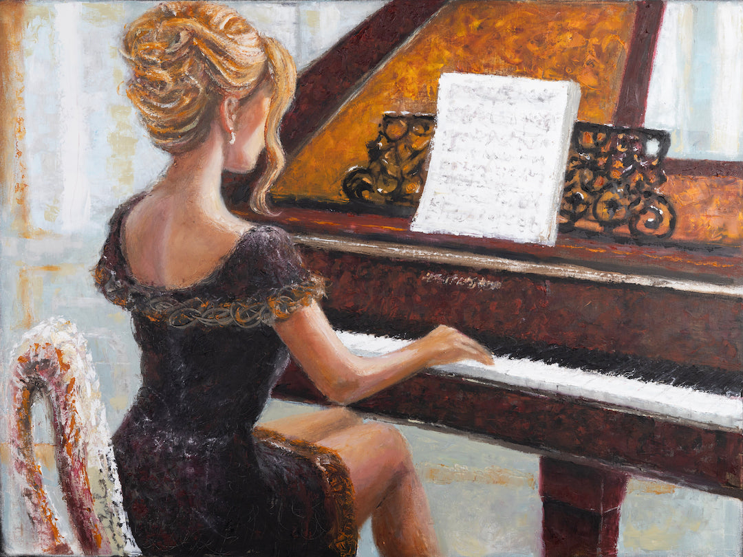 Richly textured fine art painting of a woman in an elegant black dress playing a grand piano, showcasing gallery-level. - Sequence in Gold/AP/#677 - Artist Proofs, Figurative AP, Rolled Canvas, Women & Piano AP
