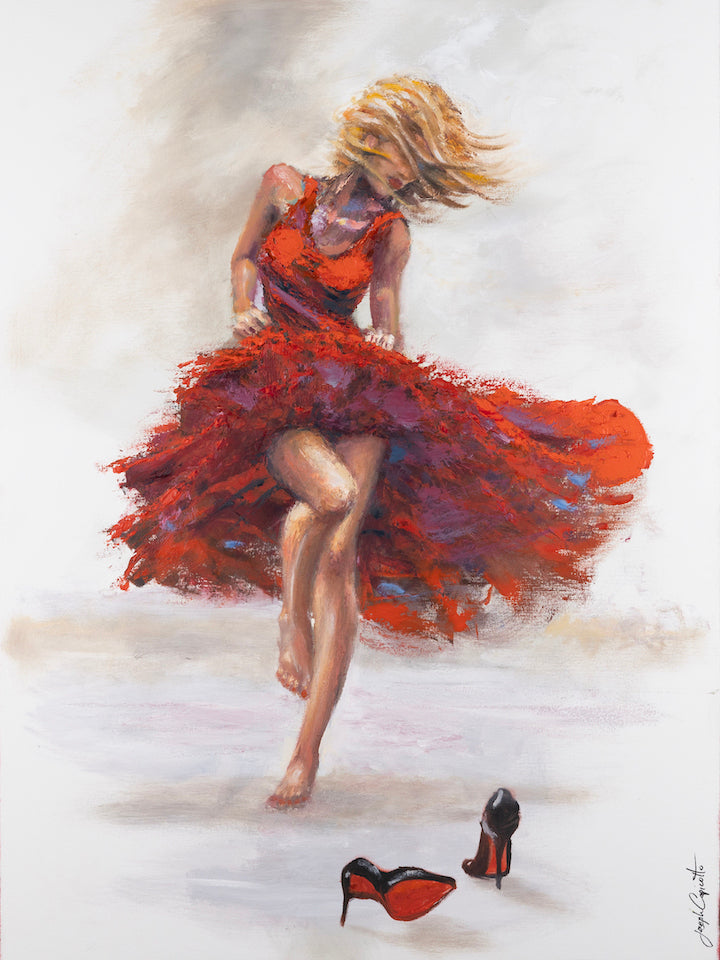 Fine art canvas featuring a dynamic dancer in a flowing red dress, showcasing rich colors and expert craftsmanship with. - Red Soul Fever/AP/#678 - Artist Proofs, Dancers AP, Figurative AP, Rolled Canvas