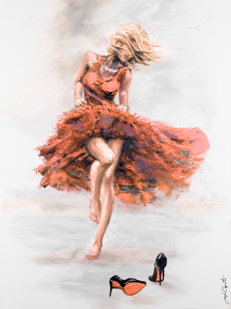 Gallery-level fine art print of a dynamic female dancer in rich red-orange dress swirling gracefully, showcasing quality. - Red Soul Fever/#678/B - Color, Dancers, Figurative, Oranges, Prints, Subject Matter