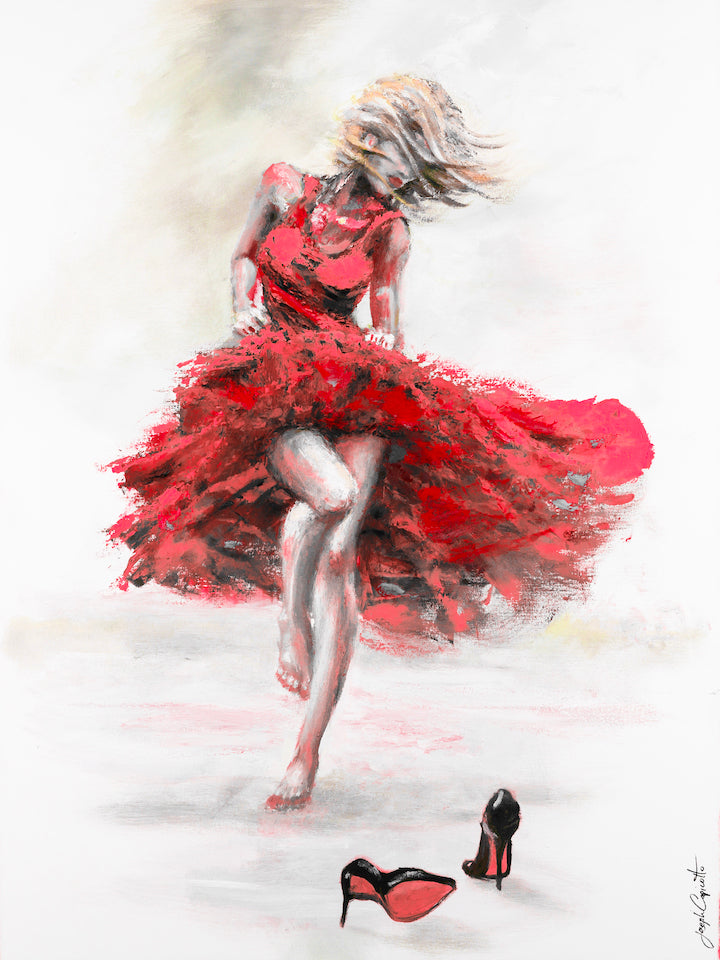 Limited fine art print featuring a dynamic dancer in a flowing red dress, capturing rich movement and exquisite. - Red Soul Fever/#678/C - Color, Dancers, Figurative, Prints, Reds, Subject Matter