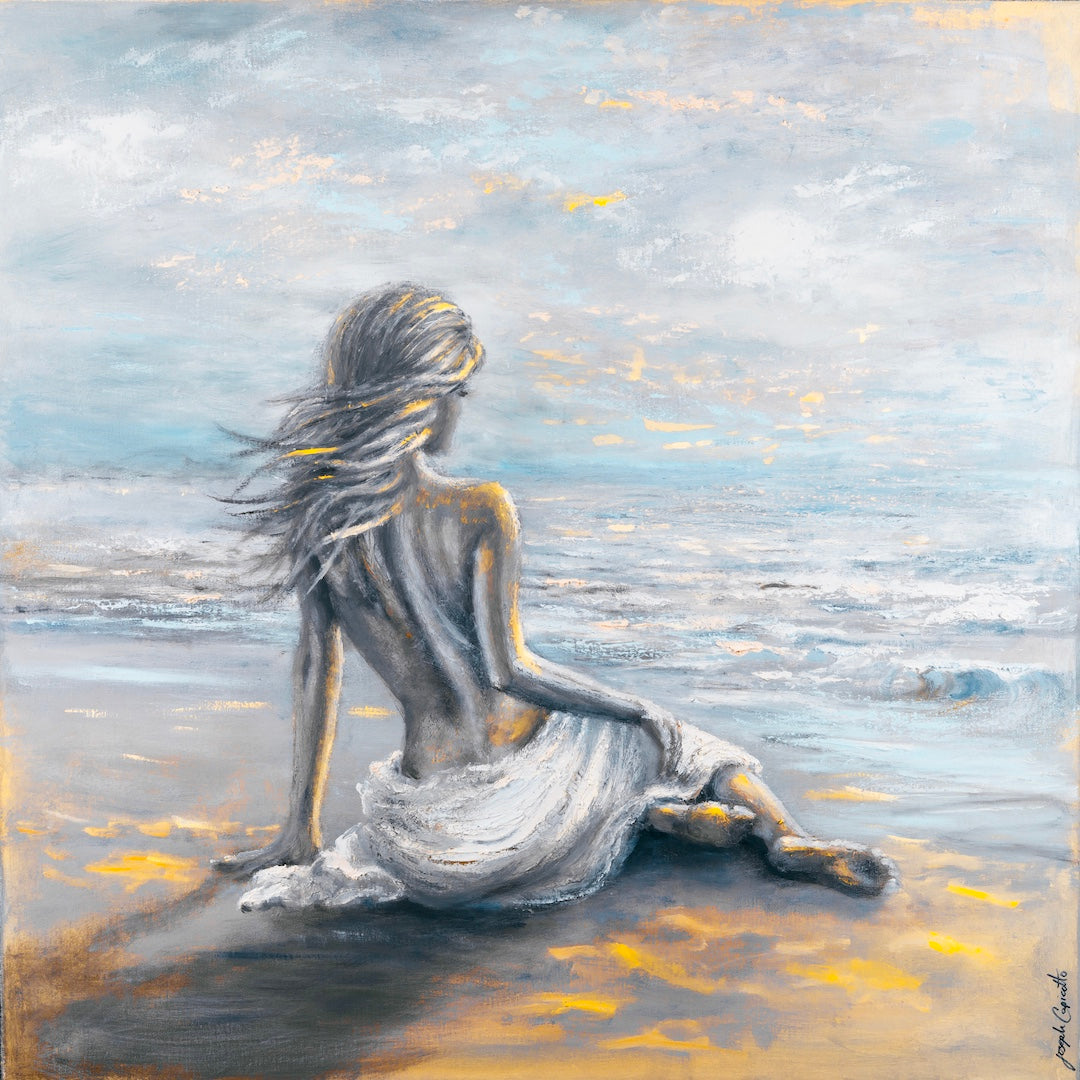 Limited fine art canvas print of a figurative woman in flowing white skirt sitting on a beach, rendered in rich blues and. - Glimmer & Breeze/#679/A - Blues, Color, Figurative, Oranges, Prints, Subject Matter, Water Scenes