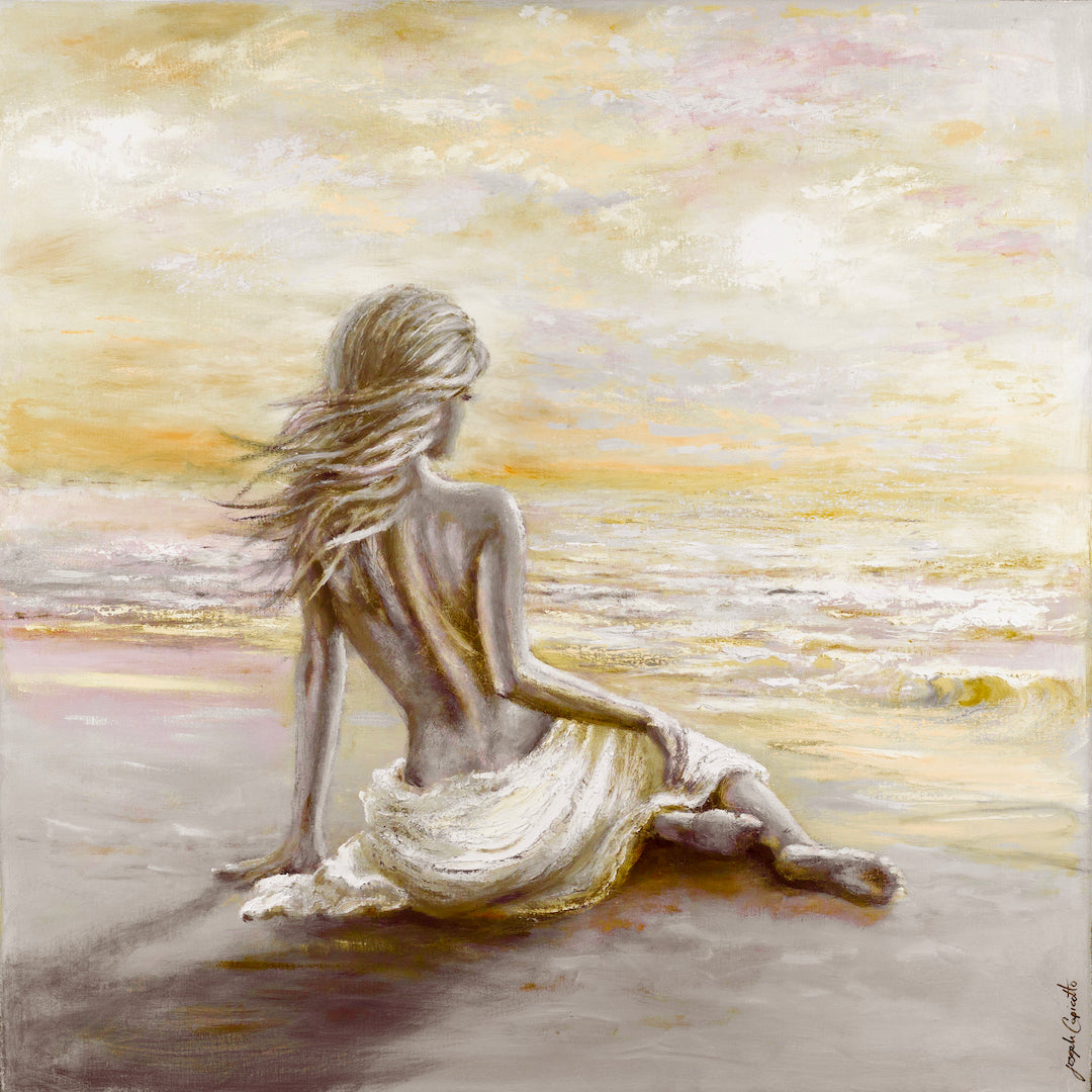 Limited fine art canvas print depicting a figurative woman with flowing hair sitting on a sandy beach, rendered in rich. - Glimmer & Breeze/#679/C - Color, Figurative, Oranges, Prints, Subject Matter, Water Scenes, Yellows