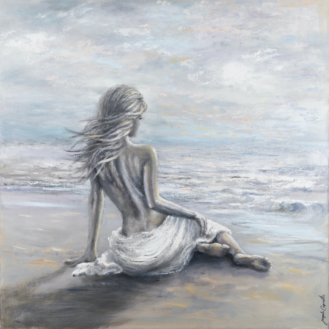 Limited edition fine art canvas showing a contemplative woman seated on the shore, with flowing hair and a draped white. - Glimmer & Breeze/AP/#679 - Artist Proofs, Figurative AP, Landscape AP, Rolled Canvas, Water Scenes AP