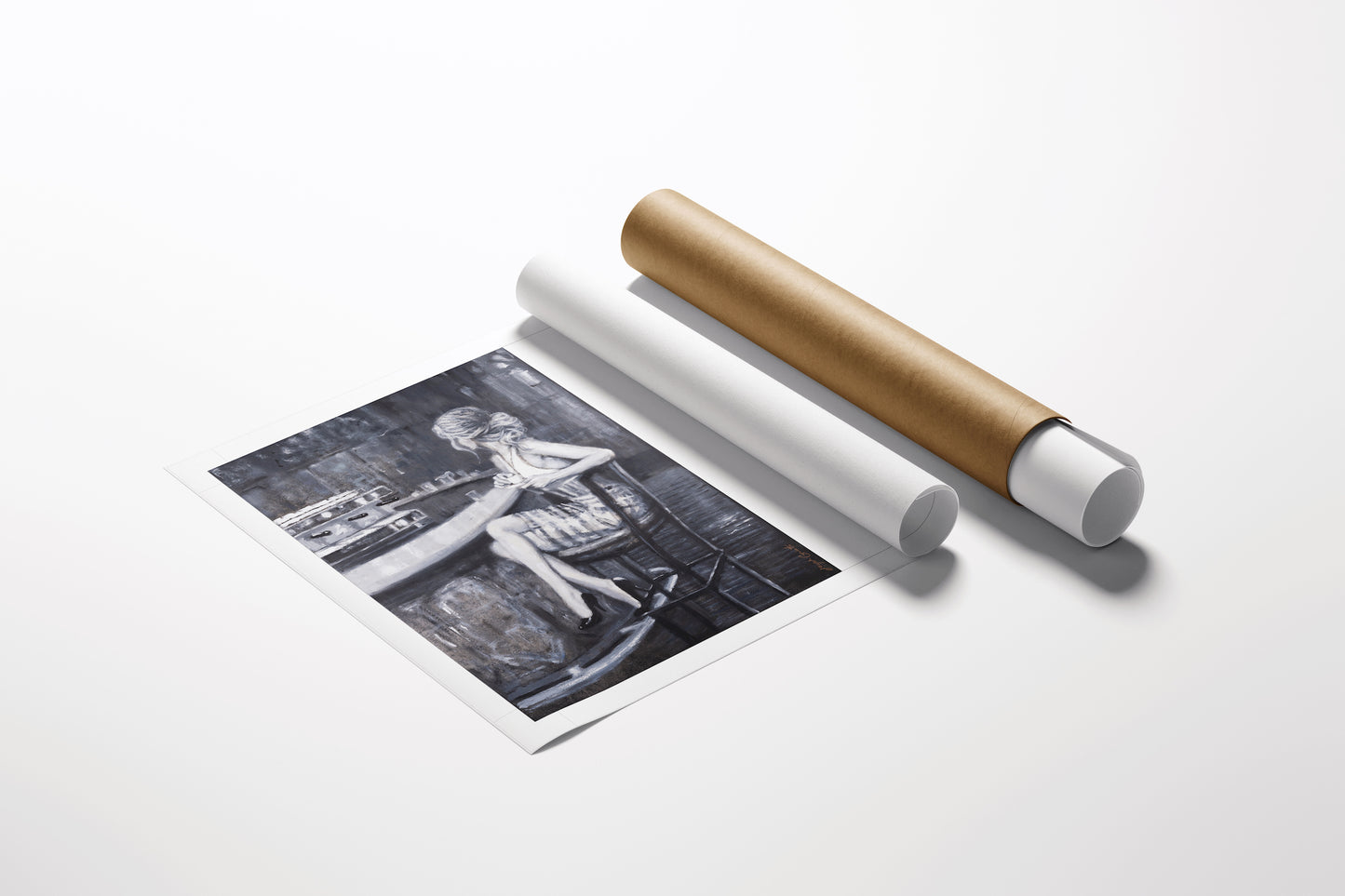 Rolled canvas fine art print titled Cafe Americano featuring rich figurative monochrome artwork, showcasing gallery-level. - Cafe Americano/AP/#681 - Artist Proofs, Figurative AP, Rolled Canvas