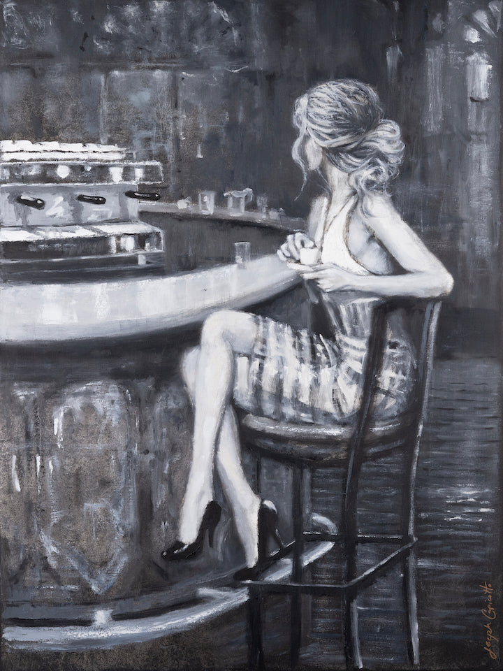 Monochrome fine art painting of a woman seated at a curved cafe bar, featuring rich brushwork and gallery-level. - Cafe Americano/AP/#681 - Artist Proofs, Figurative AP, Rolled Canvas