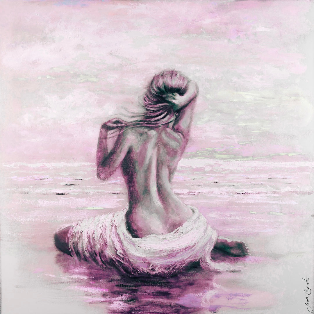Limited fine art canvas featuring a figurative, gallery-level painting of a woman from behind, seated in water with rich. - Soft Easy Feeling/#682/B - Color, Figurative, Prints, Purples, Subject Matter, Water Scenes