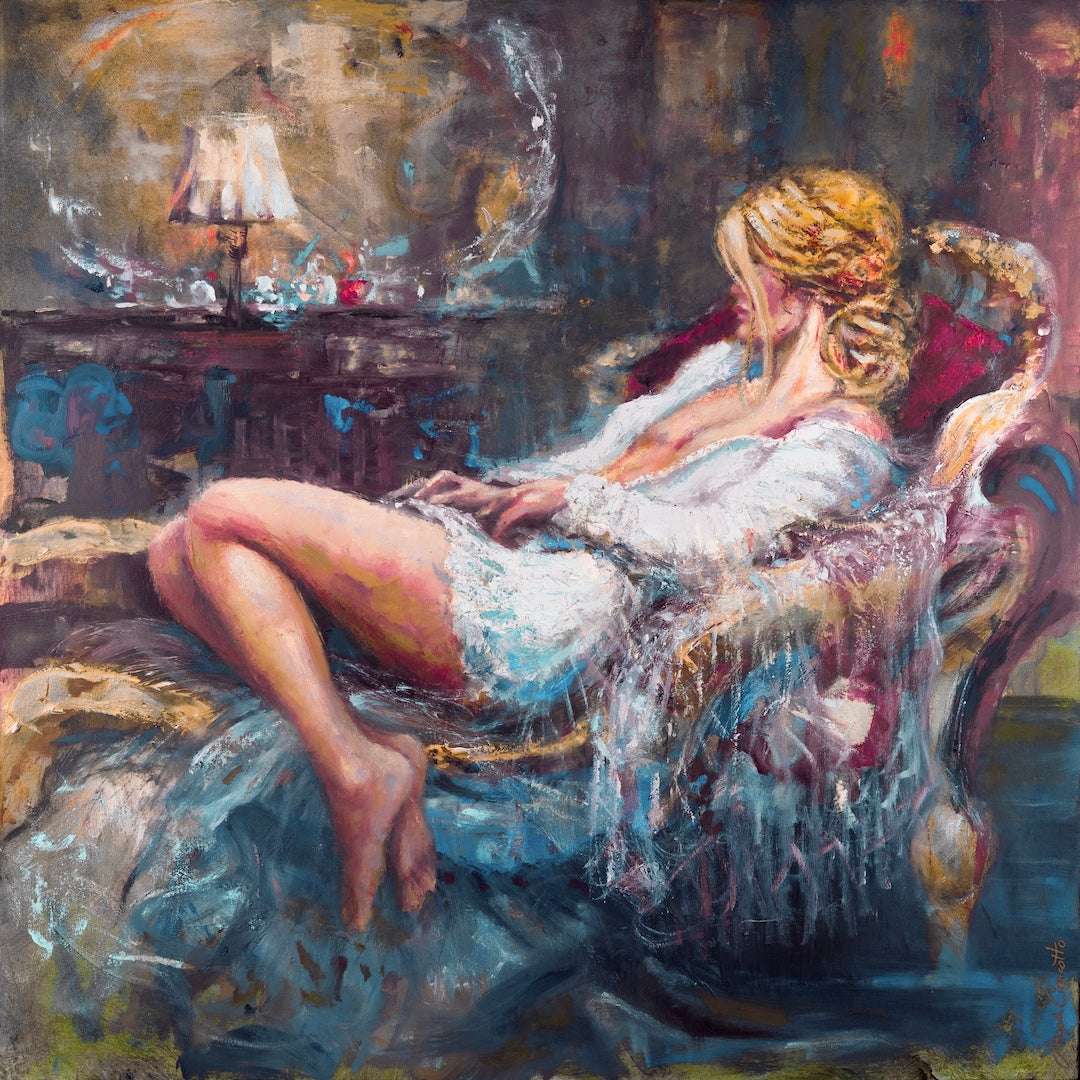 Limited fine art print featuring a rich, gallery-level figurative scene of a woman in satin and lace reclining on an ornate. - Satin & Lace/#683/B - Blues, Color, Figurative, Prints, Reds, Subject Matter