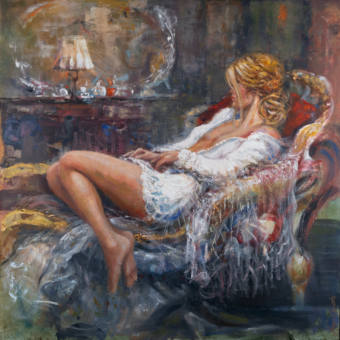 Limited fine art painting of a relaxed woman in white satin and lace, seated in an ornate armchair, rich textures and. - Satin & Lace/AP/#683 - Artist Proofs, Figurative AP, Rolled Canvas