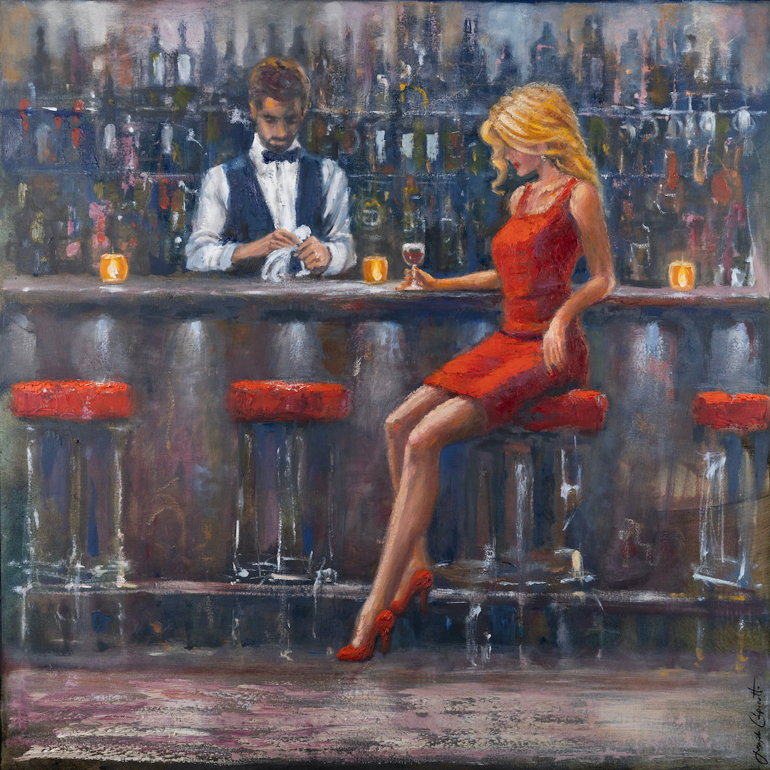 Fine art painting of a woman in a red dress seated at a bar with a bartender, rich textures and muted tones, gallery-level. - One Lonely Night/AP/#684 - Artist Proofs, Figurative AP, Rolled Canvas